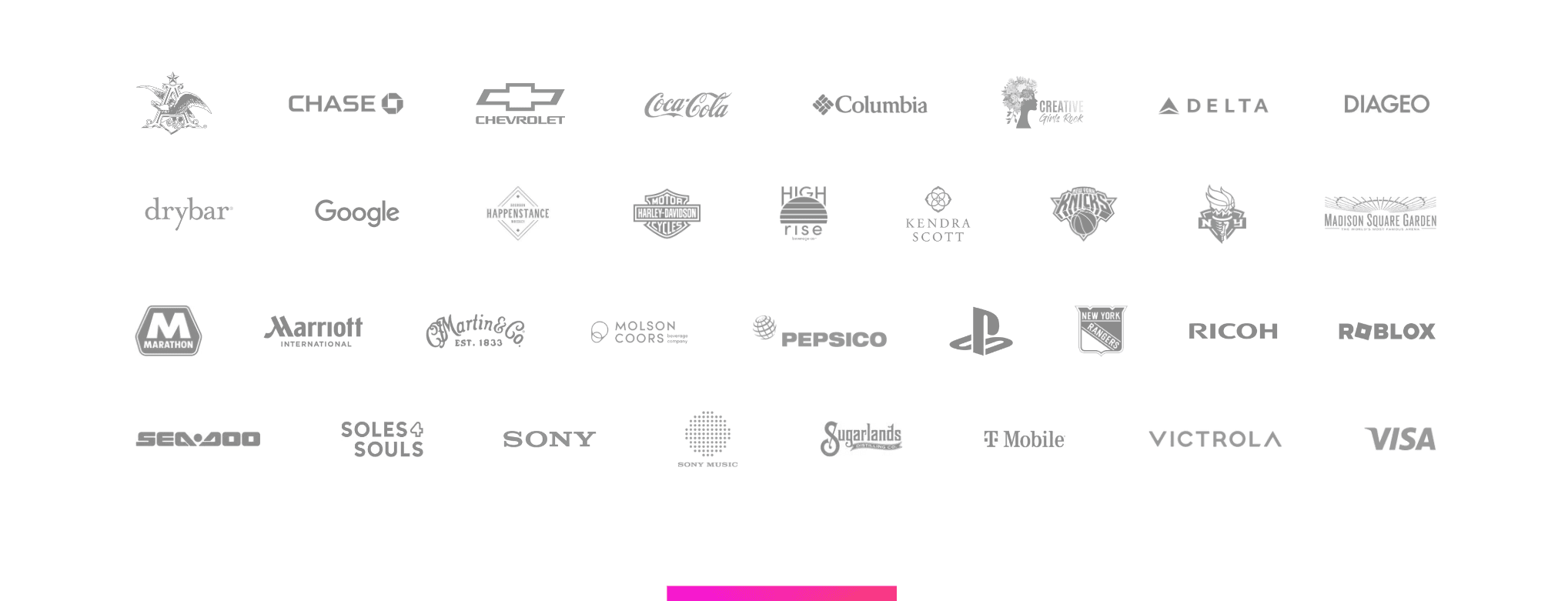 Brands Amplified Ventures has partnered with — Chase, Chevrolet, Coca-Cola, Columbia, Delta, Diageo, drybar, Google, Harley-Davidson, Kendra Scott, Madison Square Garden, Marathon, Marriott, Martin Guitar, Molson Coors, PepsiCo, PlayStation, NY Rangers, Ricoh, Roblox, Sea-Doo, Soles4Souls, Sony, Sony Music, Sugarlands, T-Mobile, Victrola, Visa, and more.